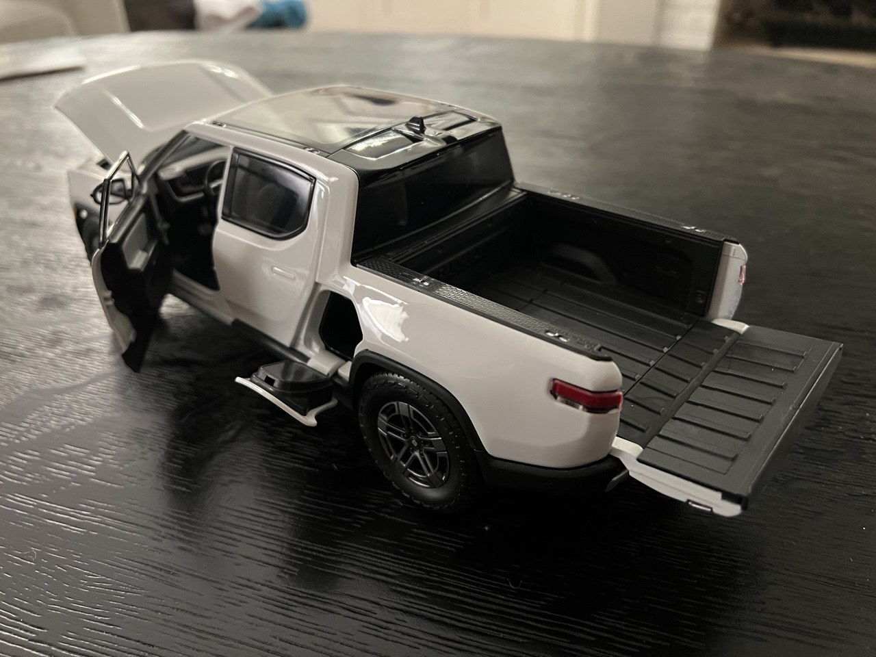 R1T Scale Model rear view with tailgate down and bed open
